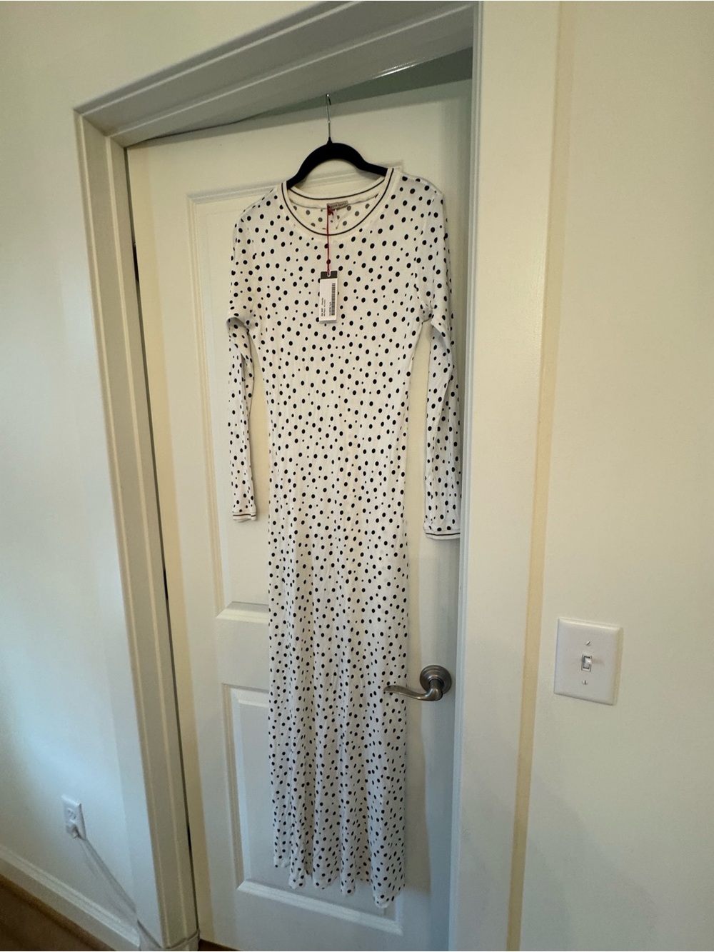 Polka Dot Long Sleeve Maxi Dress - White with Black Dots